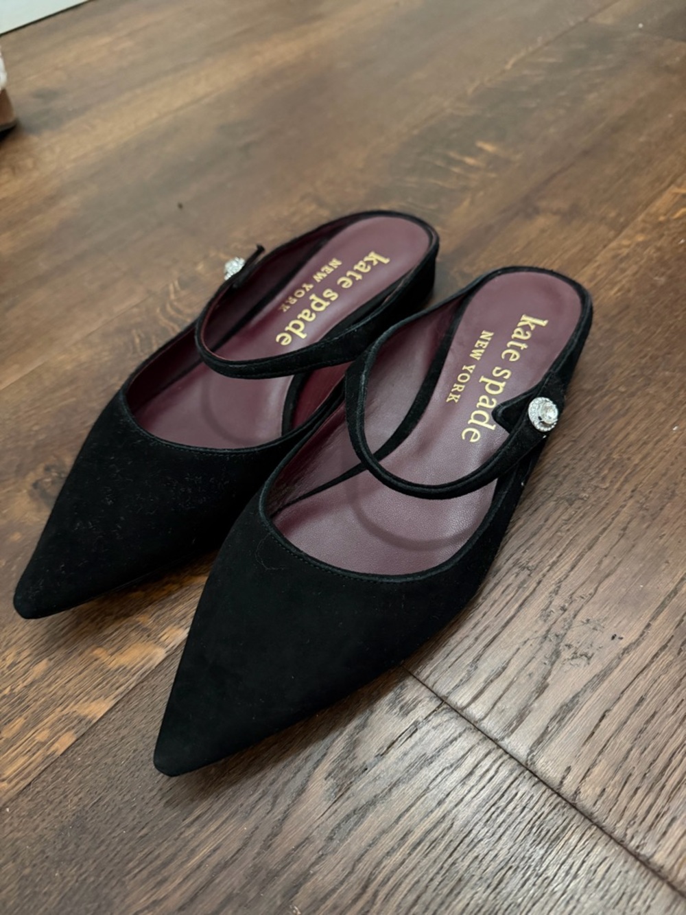kate spade Black Suede Pointed Toe Mules with Crystal Strap